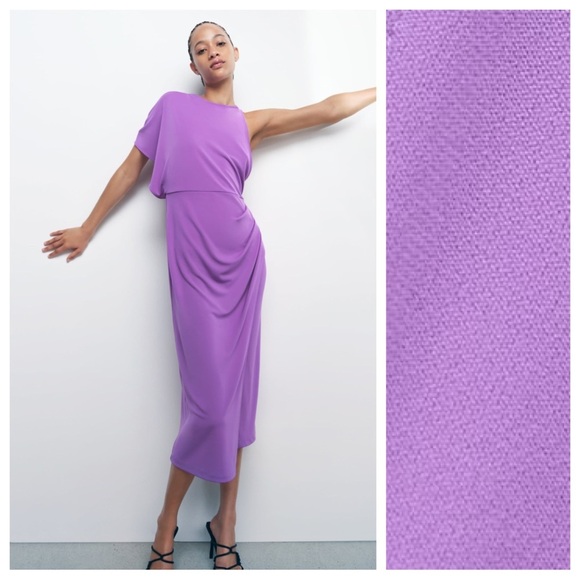 NWT. Zara Light Lilac Draped Asymmetrical Open Back Midi Dress. Size S. - Picture 2 of 13